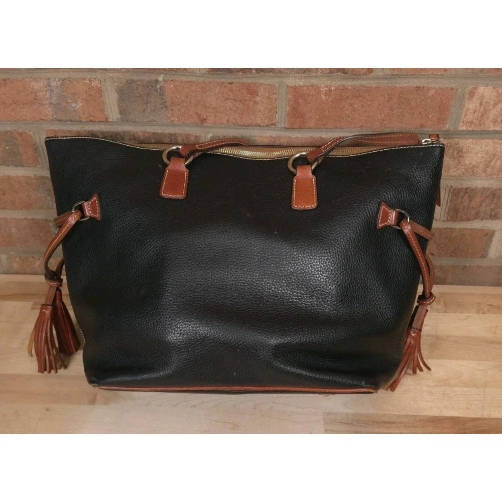 Dooney & Bourke Black Pebbled Leather Tassel Shopper Tote Bag Purse Handbag